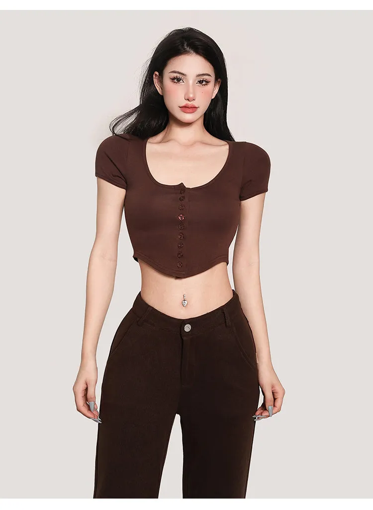 Yielle Solid Color Button Up Short Sleeve Slim Top