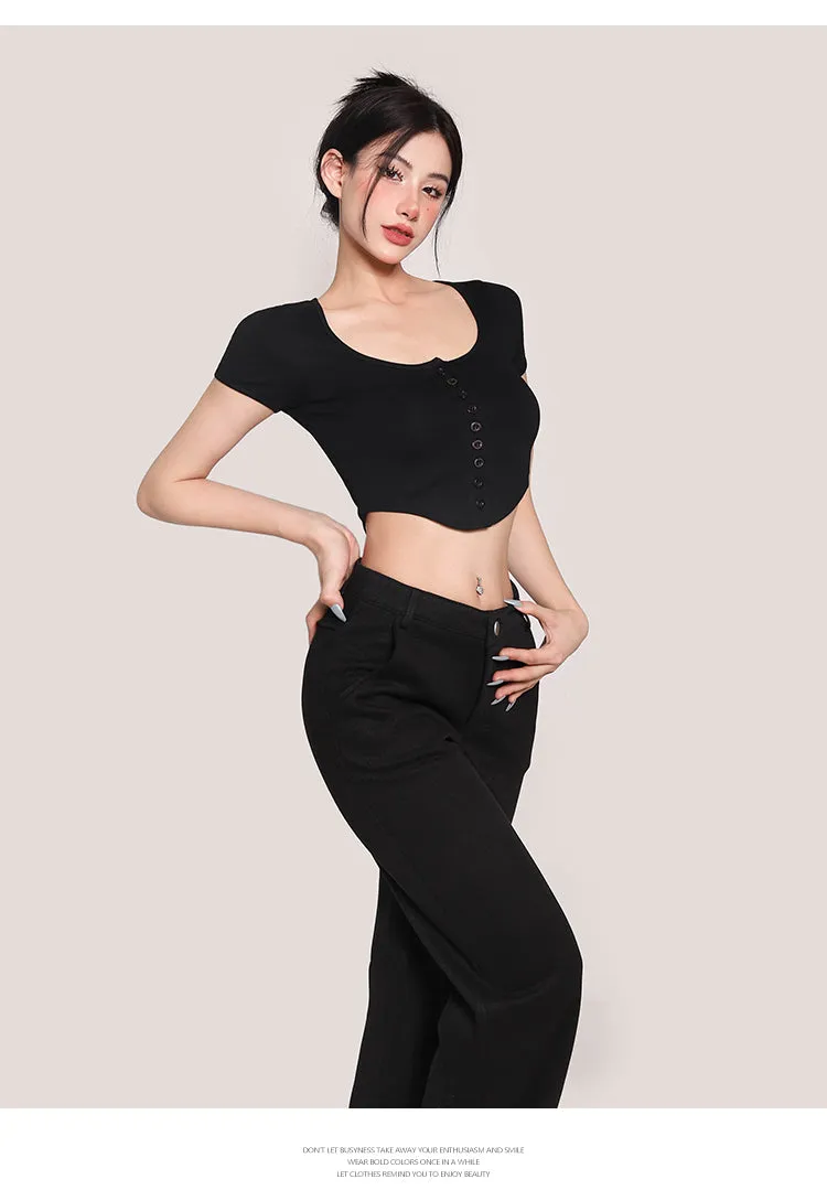 Yielle Solid Color Button Up Short Sleeve Slim Top