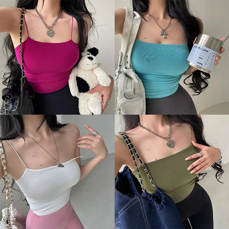 Yoanna Solid Color Spaghetti Strap Slim Pleated Square Neck Bandeau Cropped Top