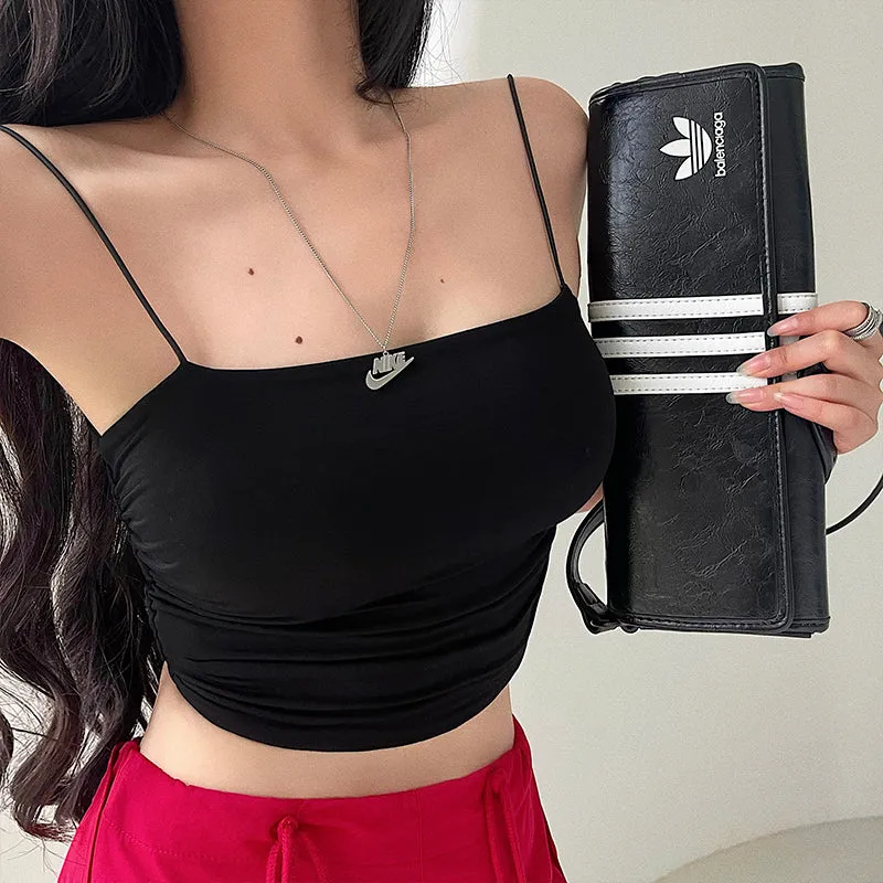 Yoanna Solid Color Spaghetti Strap Slim Pleated Square Neck Bandeau Cropped Top