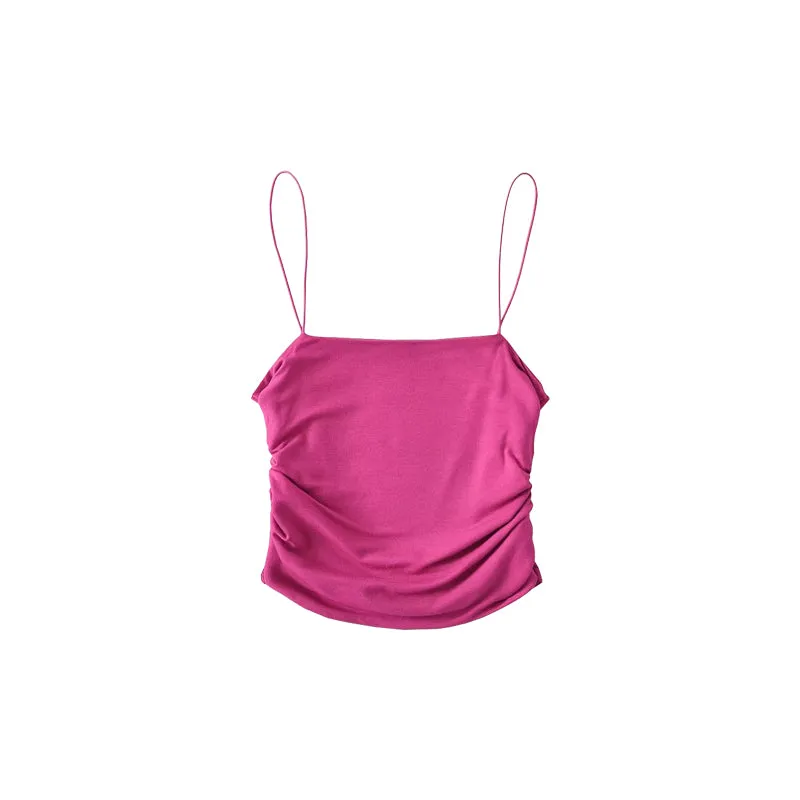 Yoanna Solid Color Spaghetti Strap Slim Pleated Square Neck Bandeau Cropped Top