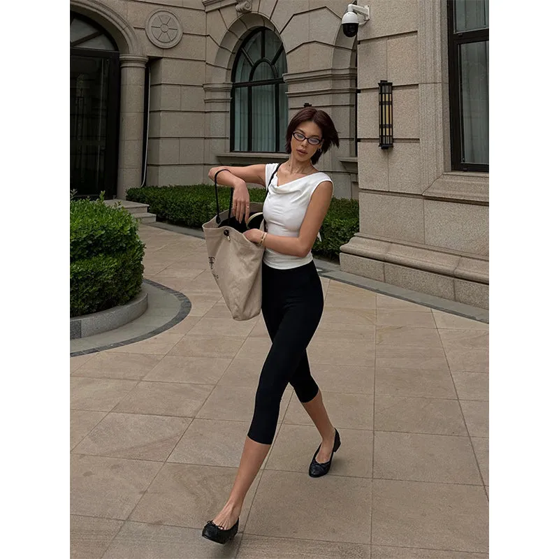 Yuna Solid Color White Backless Lace-up Short-sleeved Pleated Slim Top