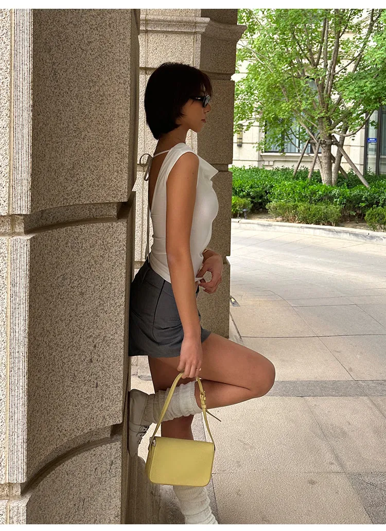 Yuna Solid Color White Backless Lace-up Short-sleeved Pleated Slim Top