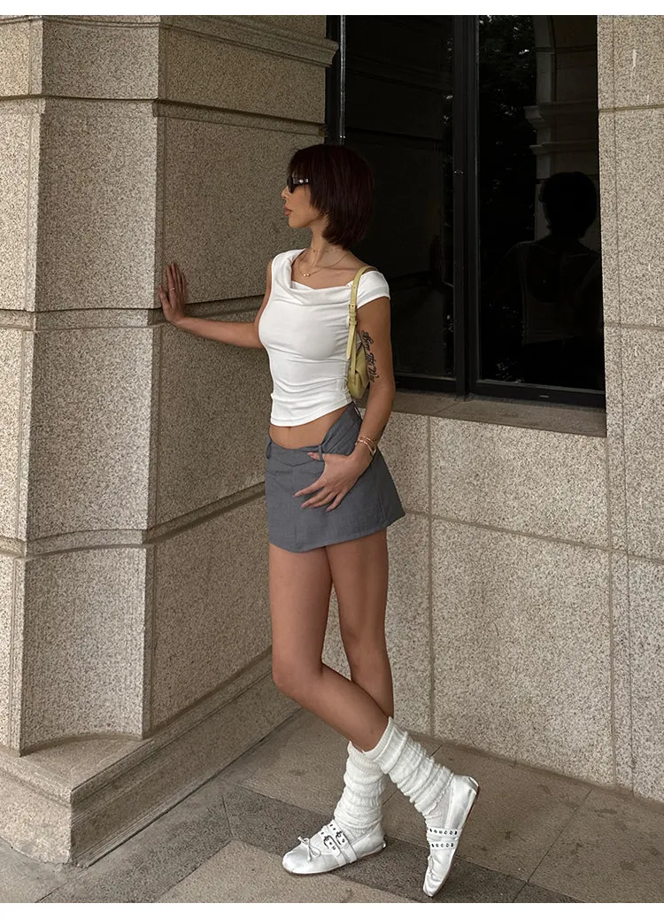 Yuna Solid Color White Backless Lace-up Short-sleeved Pleated Slim Top