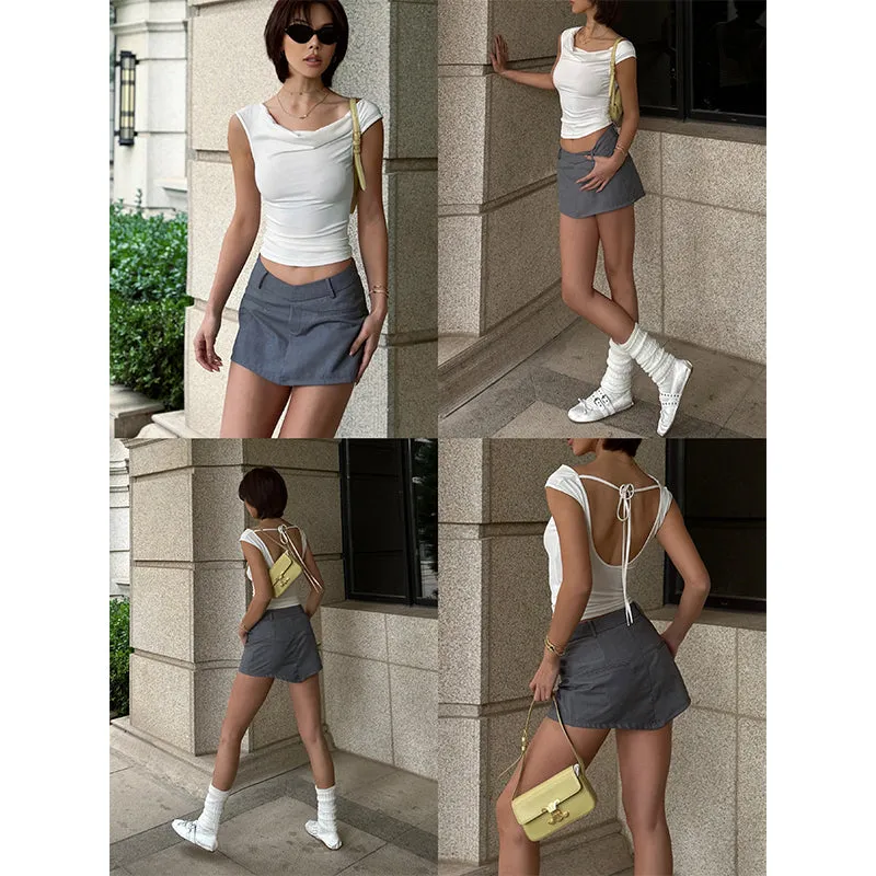 Yuna Solid Color White Backless Lace-up Short-sleeved Pleated Slim Top