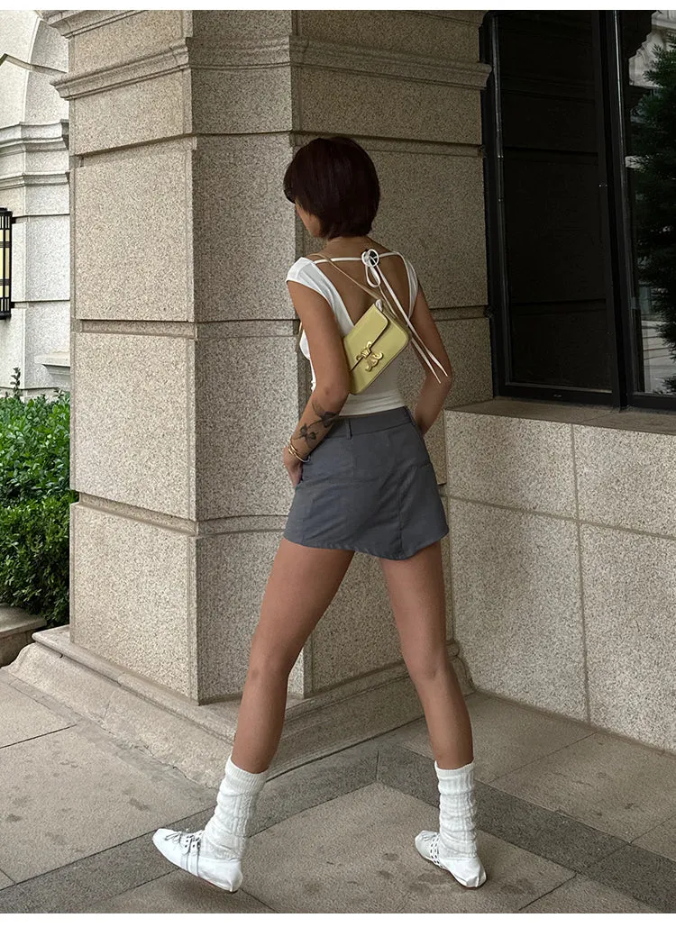 Yuna Solid Color White Backless Lace-up Short-sleeved Pleated Slim Top