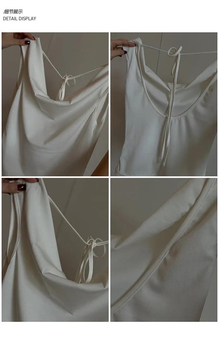 Yuna Solid Color White Backless Lace-up Short-sleeved Pleated Slim Top