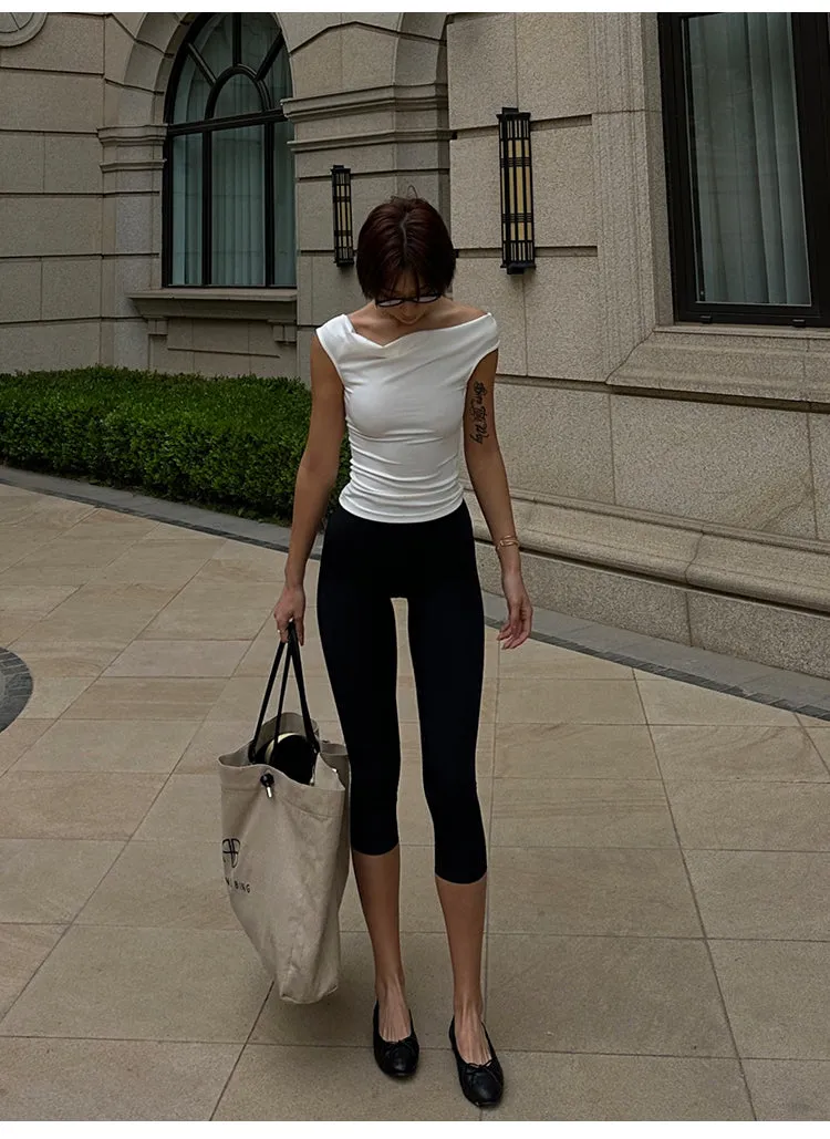 Yuna Solid Color White Backless Lace-up Short-sleeved Pleated Slim Top