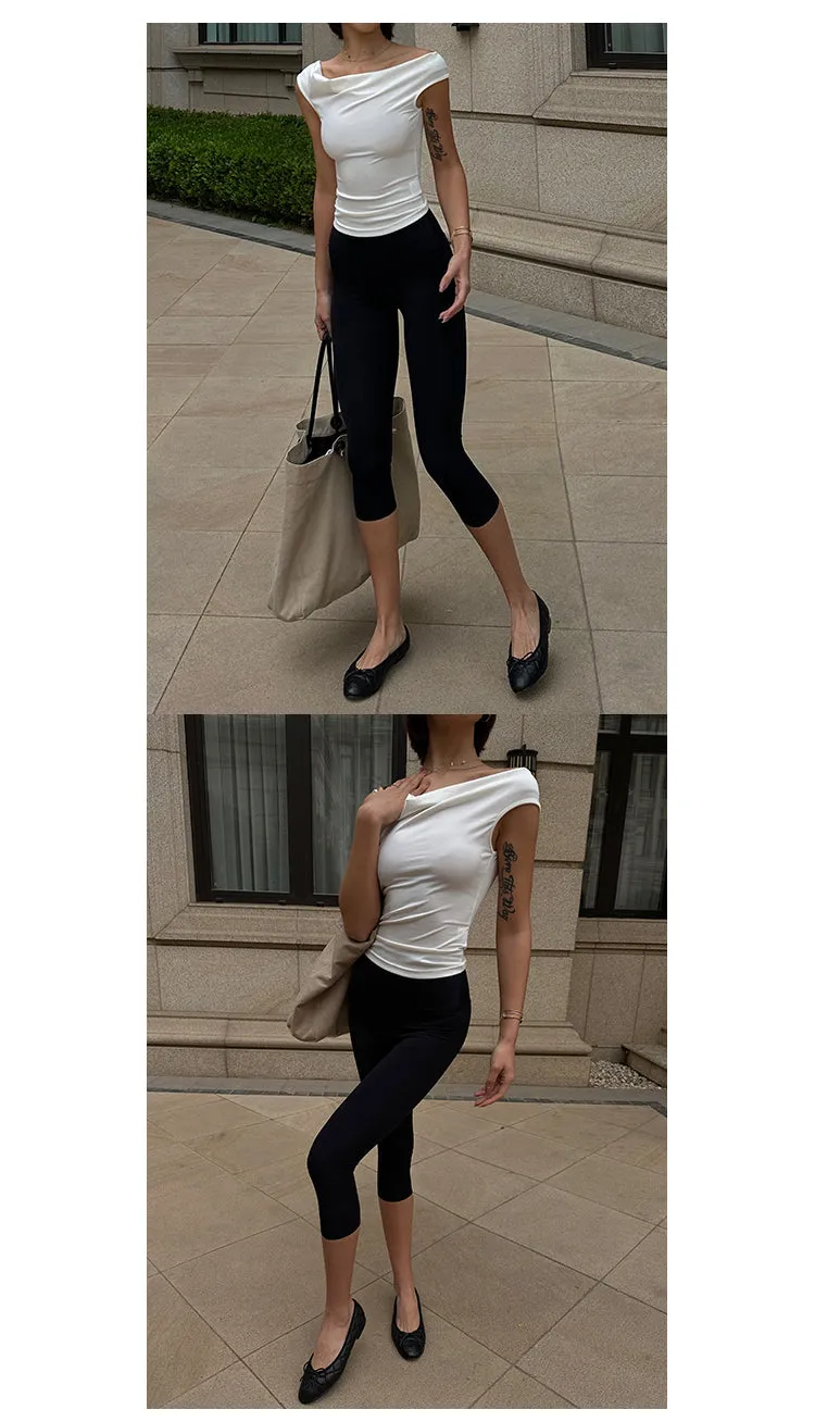 Yuna Solid Color White Backless Lace-up Short-sleeved Pleated Slim Top