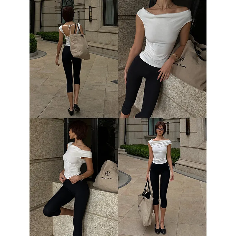 Yuna Solid Color White Backless Lace-up Short-sleeved Pleated Slim Top