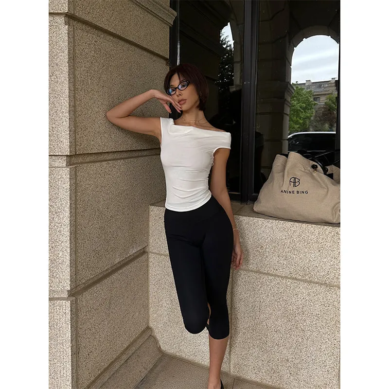 Yuna Solid Color White Backless Lace-up Short-sleeved Pleated Slim Top