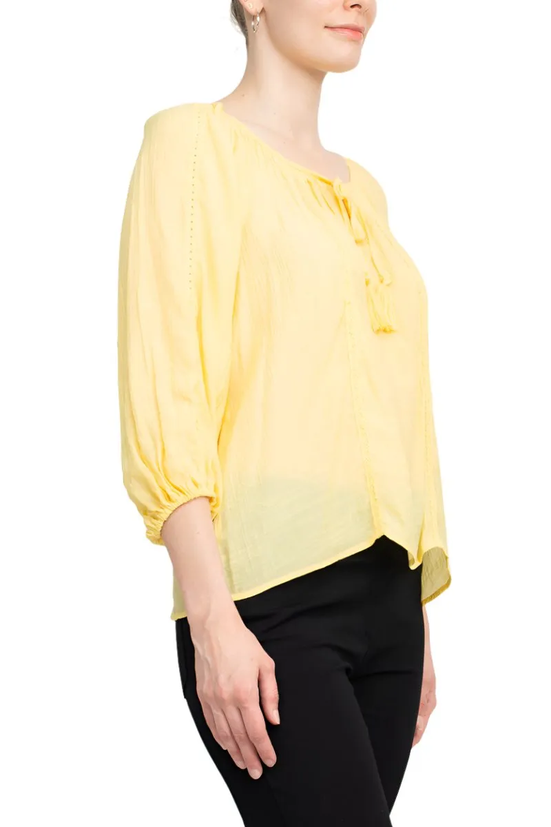 Zac & Rachel  Neck Tie Neck 3/4 Sleeve Solid Crepe Chiffon Top