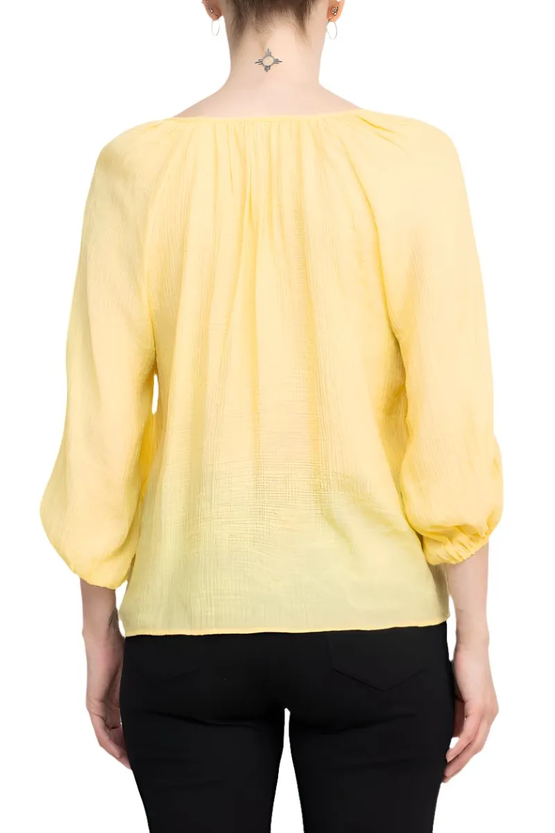 Zac & Rachel  Neck Tie Neck 3/4 Sleeve Solid Crepe Chiffon Top