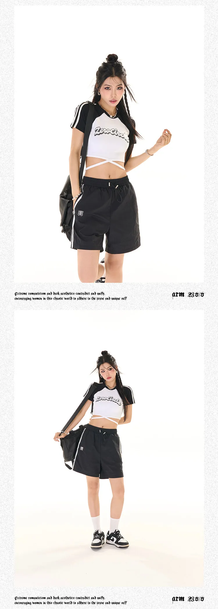 Zerocircle Contrast Color Short Sleeve Lace Tie Cropped Top