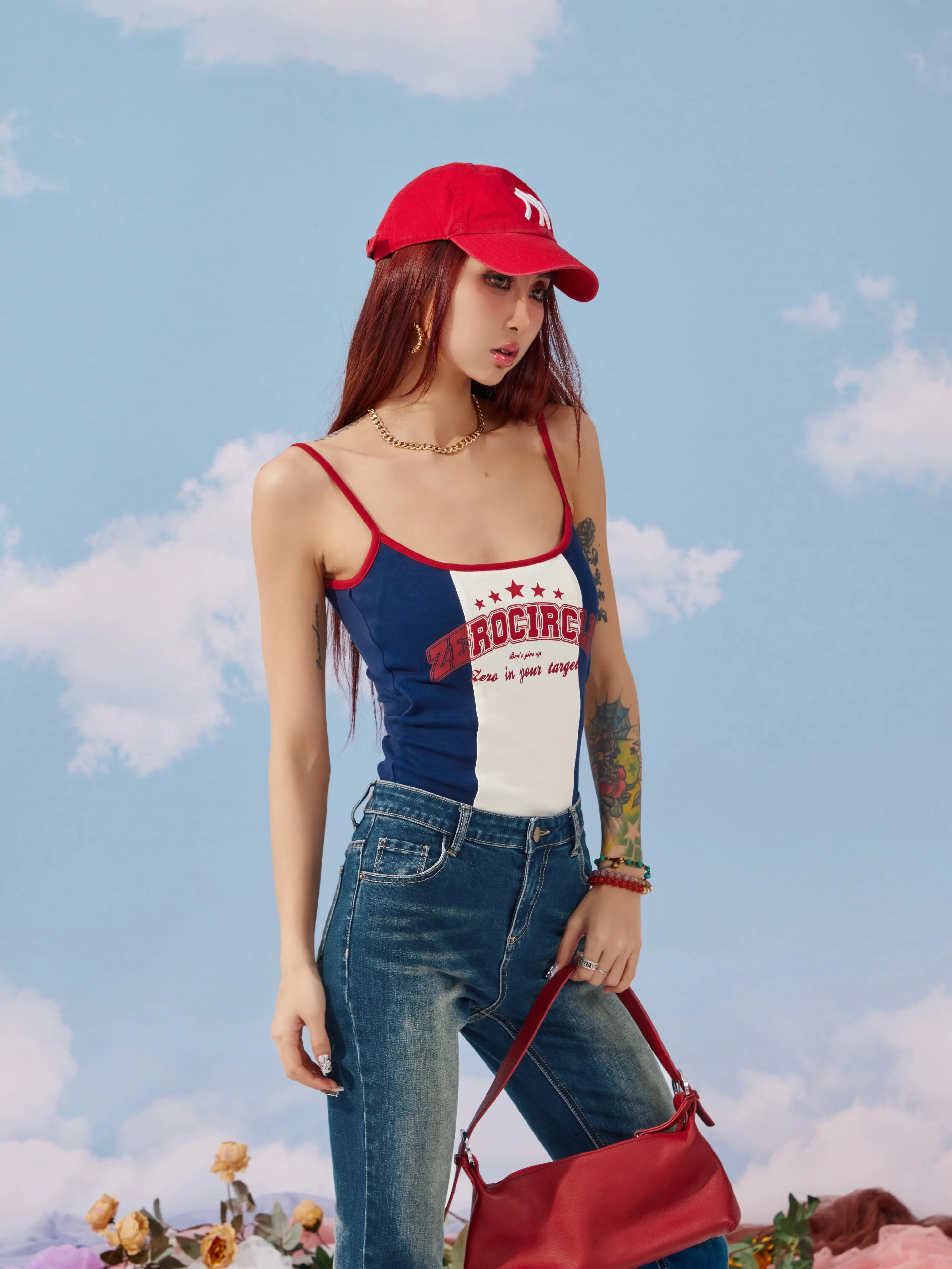 Zerocircle Contrast Print Summer Slim Chest Pand Camisole Top Dress