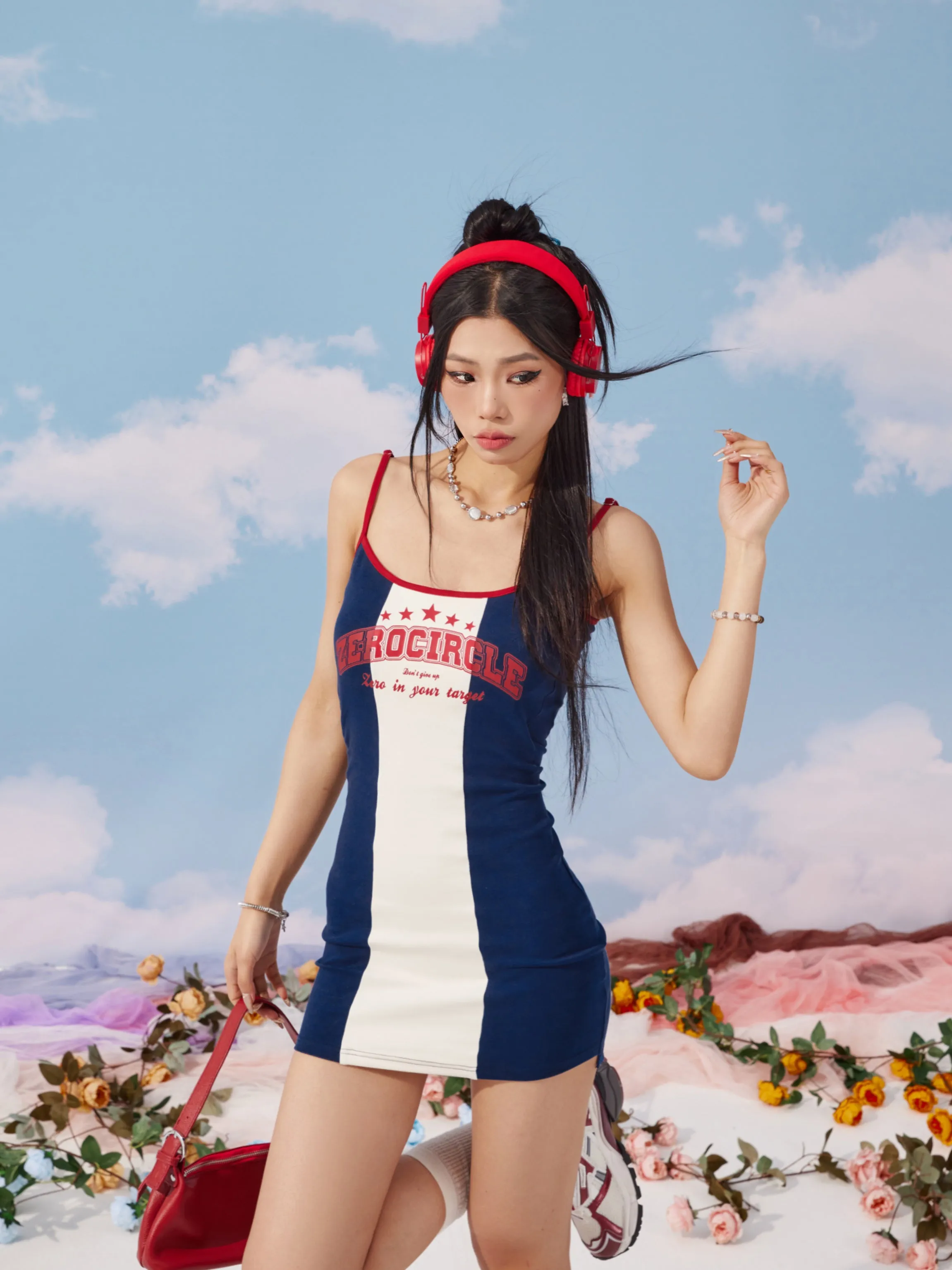 Zerocircle Contrast Print Summer Slim Chest Pand Camisole Top Dress
