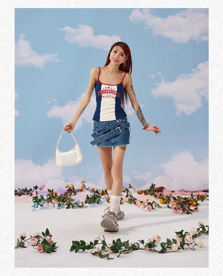 Zerocircle Contrast Print Summer Slim Chest Pand Camisole Top Dress