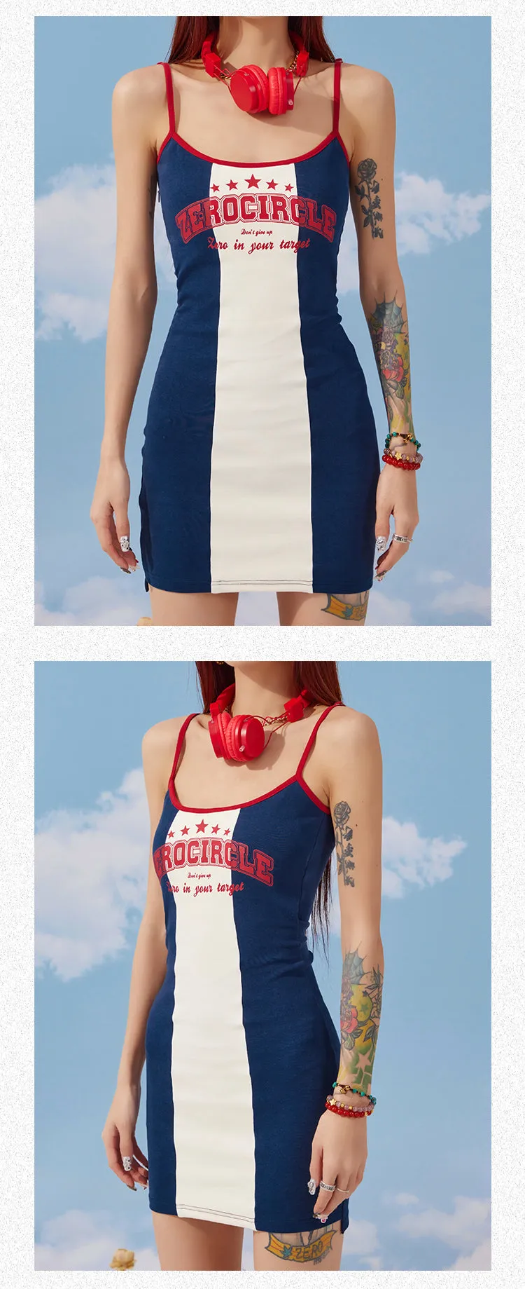 Zerocircle Contrast Print Summer Slim Chest Pand Camisole Top Dress
