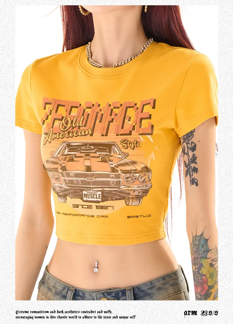 Zerocircle Graphic Image Print Yellow Short Sleeve Cropped Top