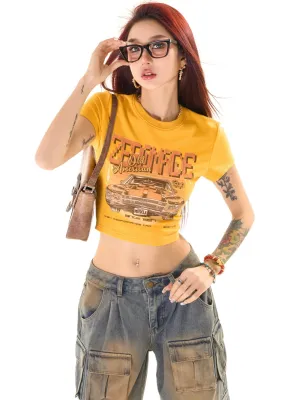 Zerocircle Graphic Image Print Yellow Short Sleeve Cropped Top