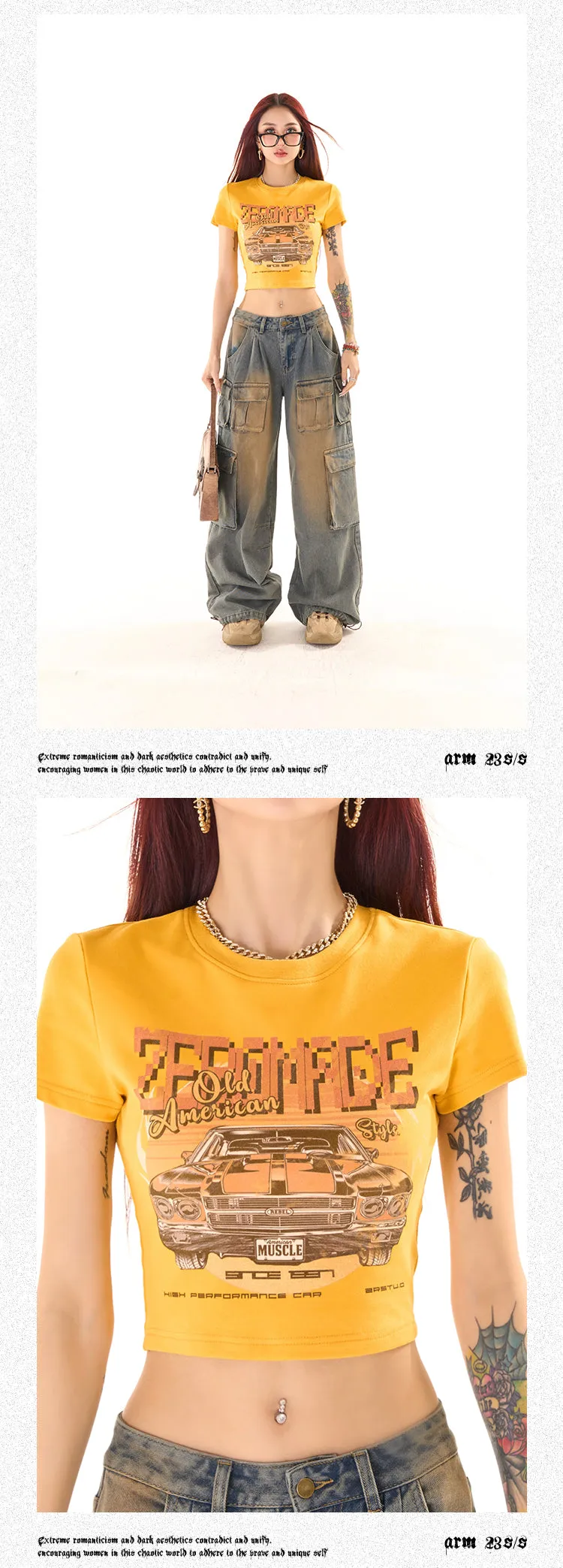 Zerocircle Graphic Image Print Yellow Short Sleeve Cropped Top