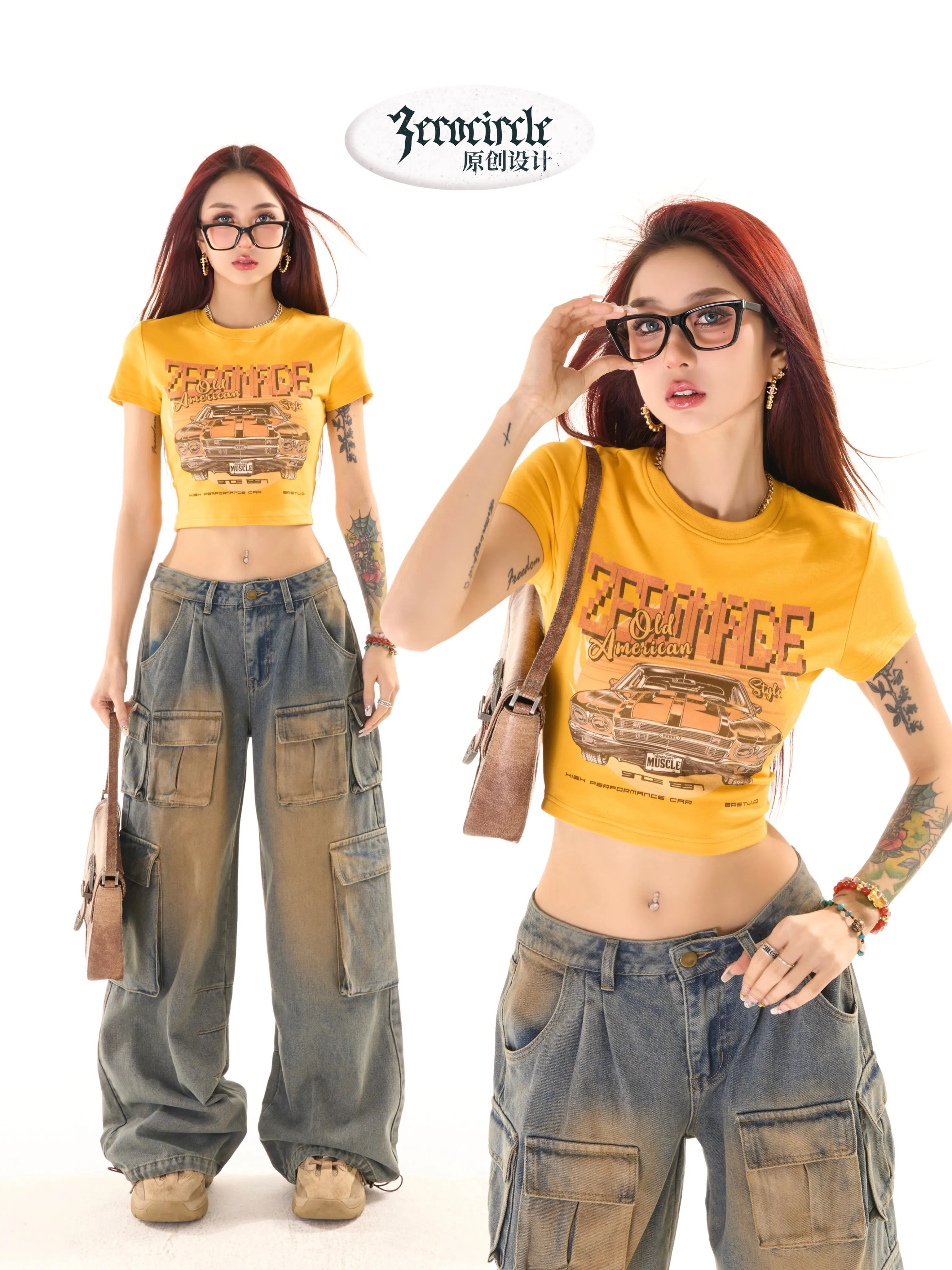 Zerocircle Graphic Image Print Yellow Short Sleeve Cropped Top