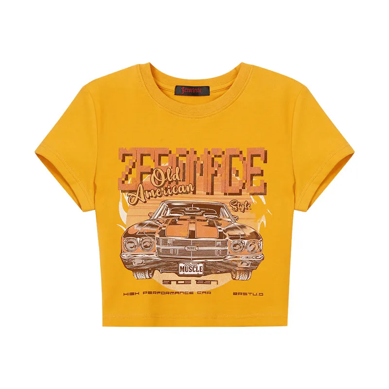 Zerocircle Graphic Image Print Yellow Short Sleeve Cropped Top