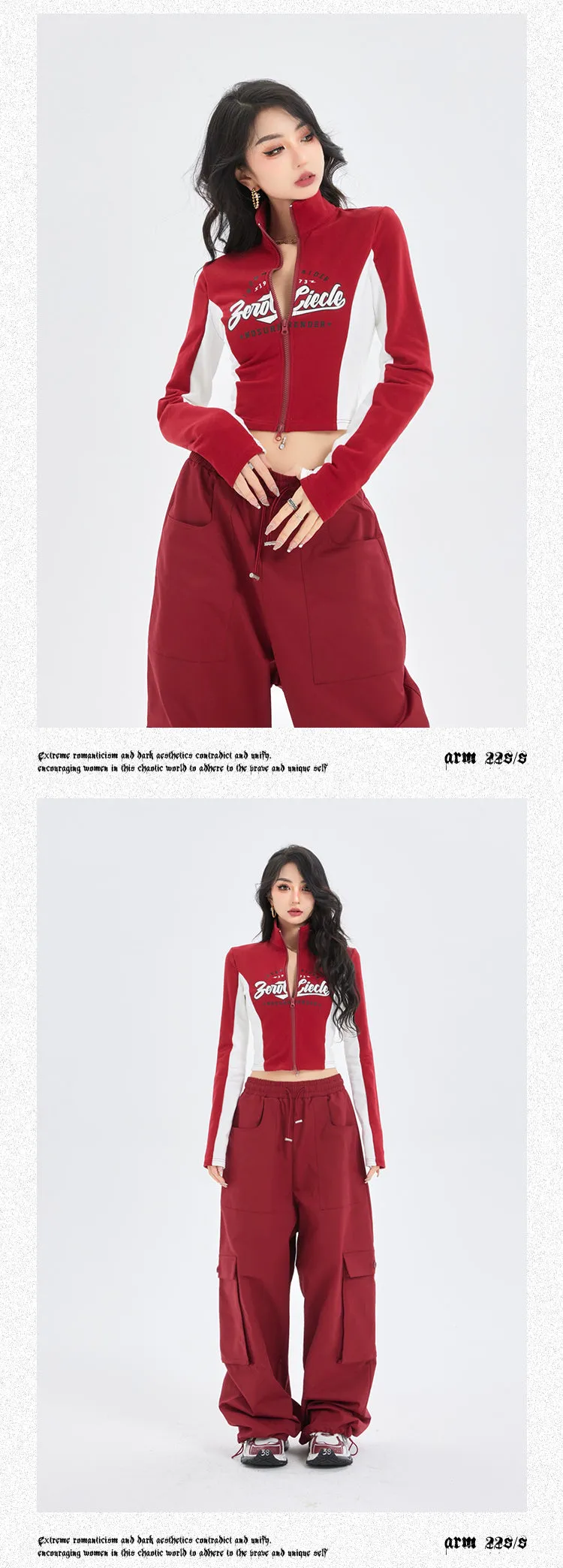 Zerocircle Red Patchwork Zip Up Turtleneck Long Sleeve Top