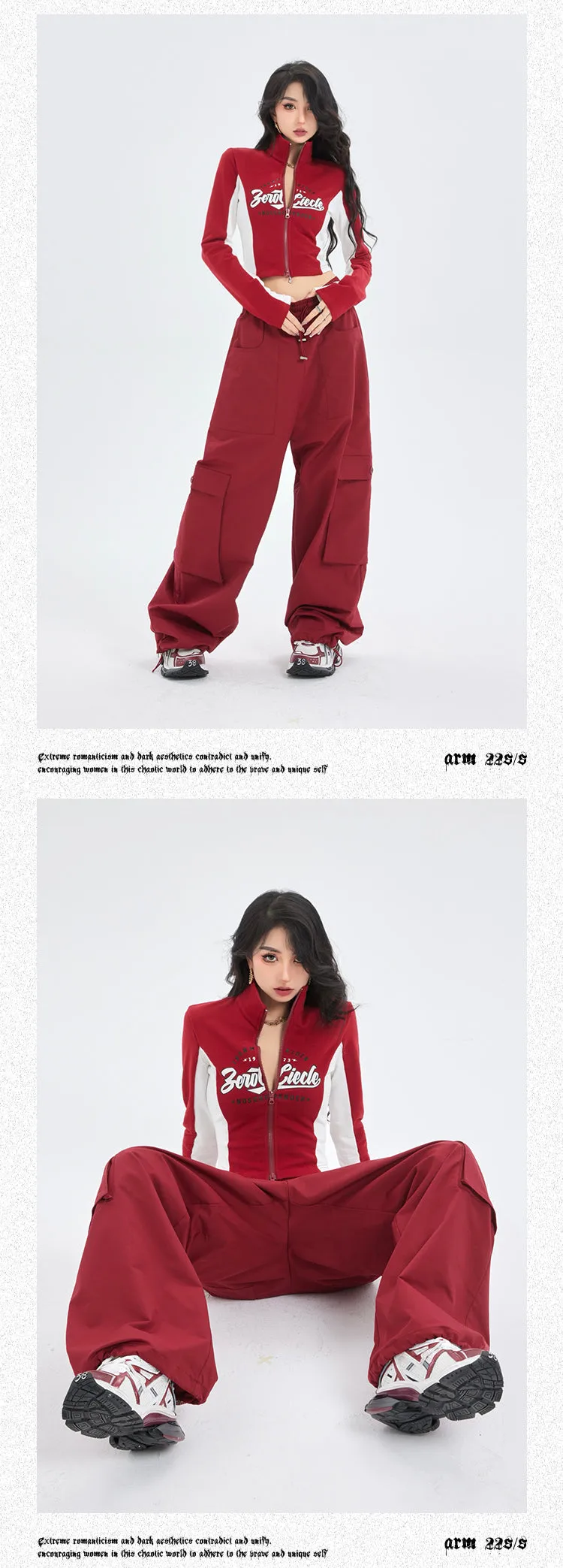 Zerocircle Red Patchwork Zip Up Turtleneck Long Sleeve Top