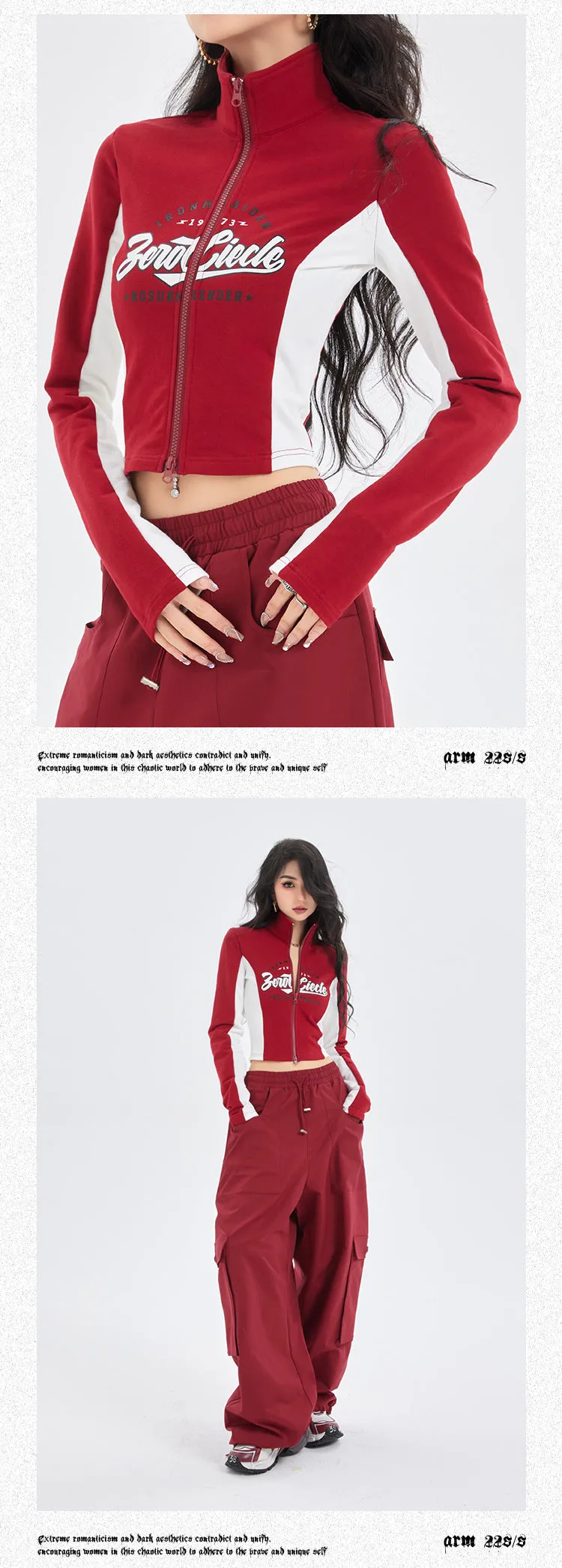 Zerocircle Red Patchwork Zip Up Turtleneck Long Sleeve Top