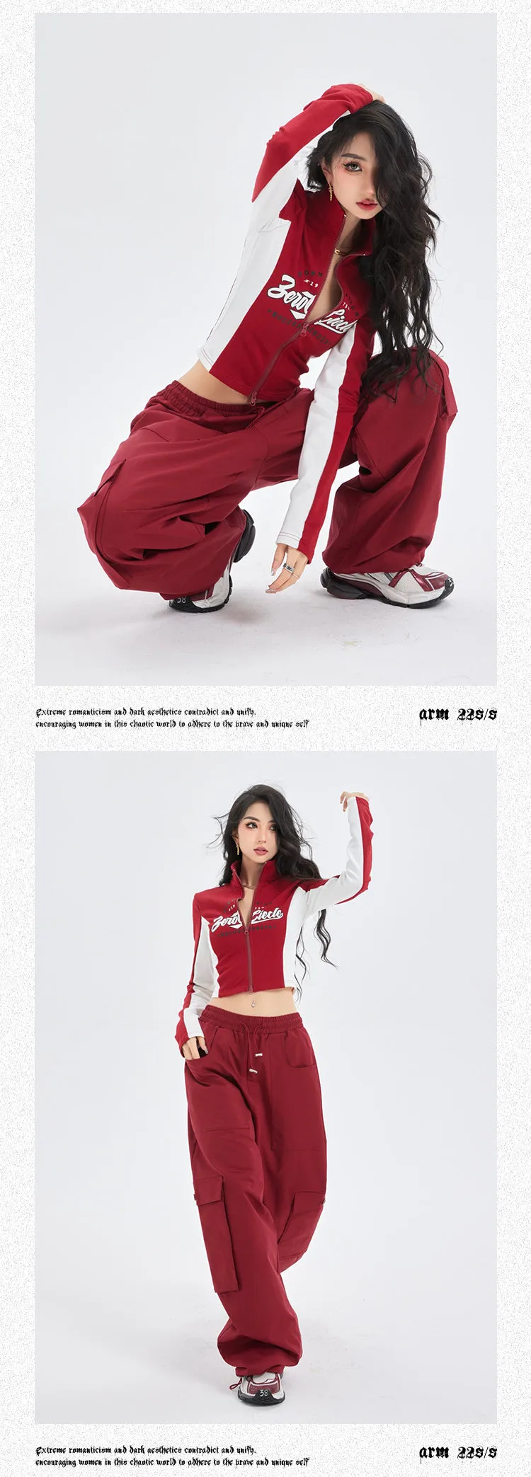 Zerocircle Red Patchwork Zip Up Turtleneck Long Sleeve Top