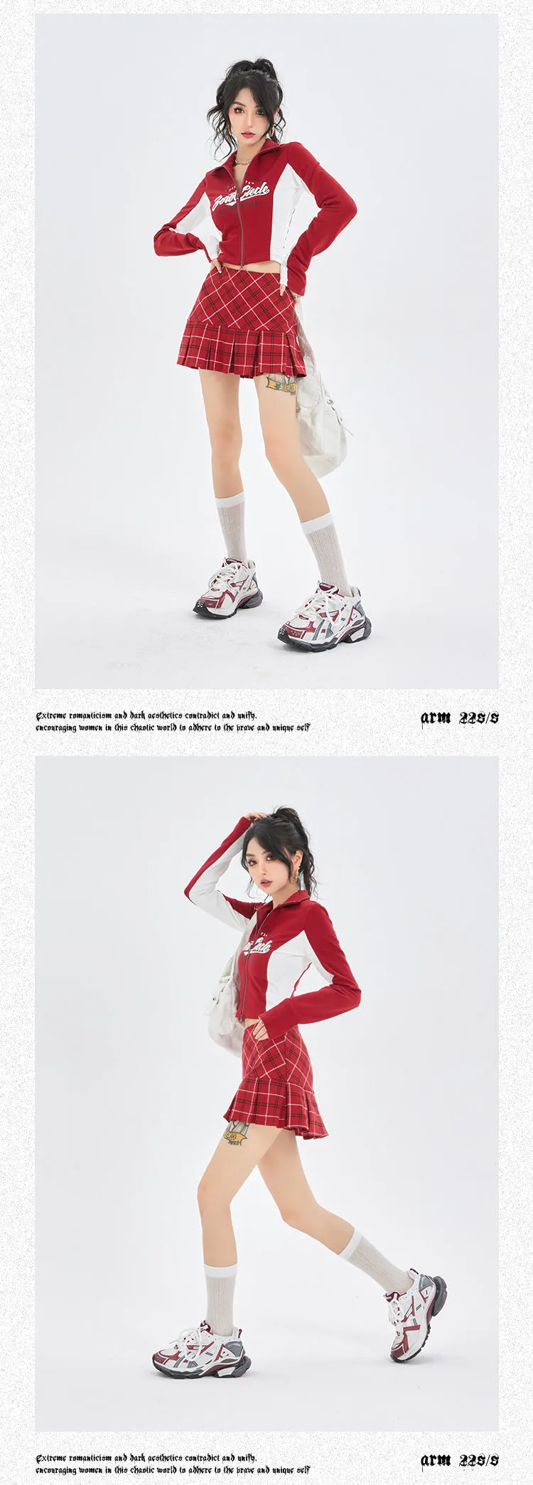 Zerocircle Red Patchwork Zip Up Turtleneck Long Sleeve Top
