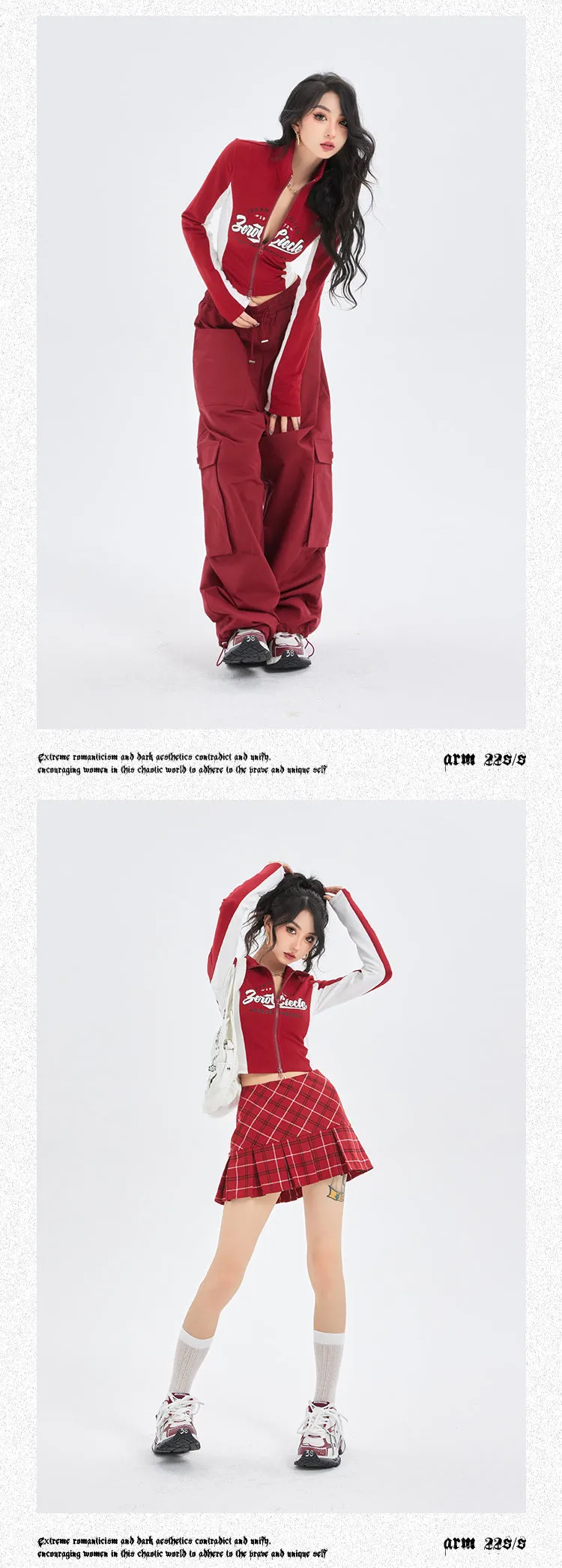 Zerocircle Red Patchwork Zip Up Turtleneck Long Sleeve Top