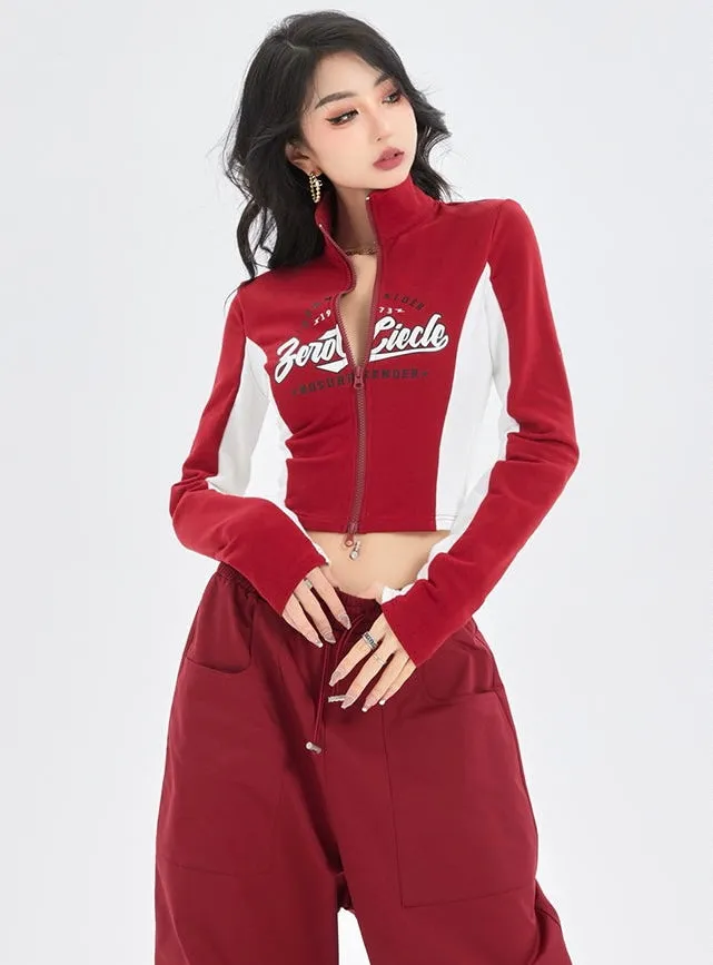 Zerocircle Red Patchwork Zip Up Turtleneck Long Sleeve Top