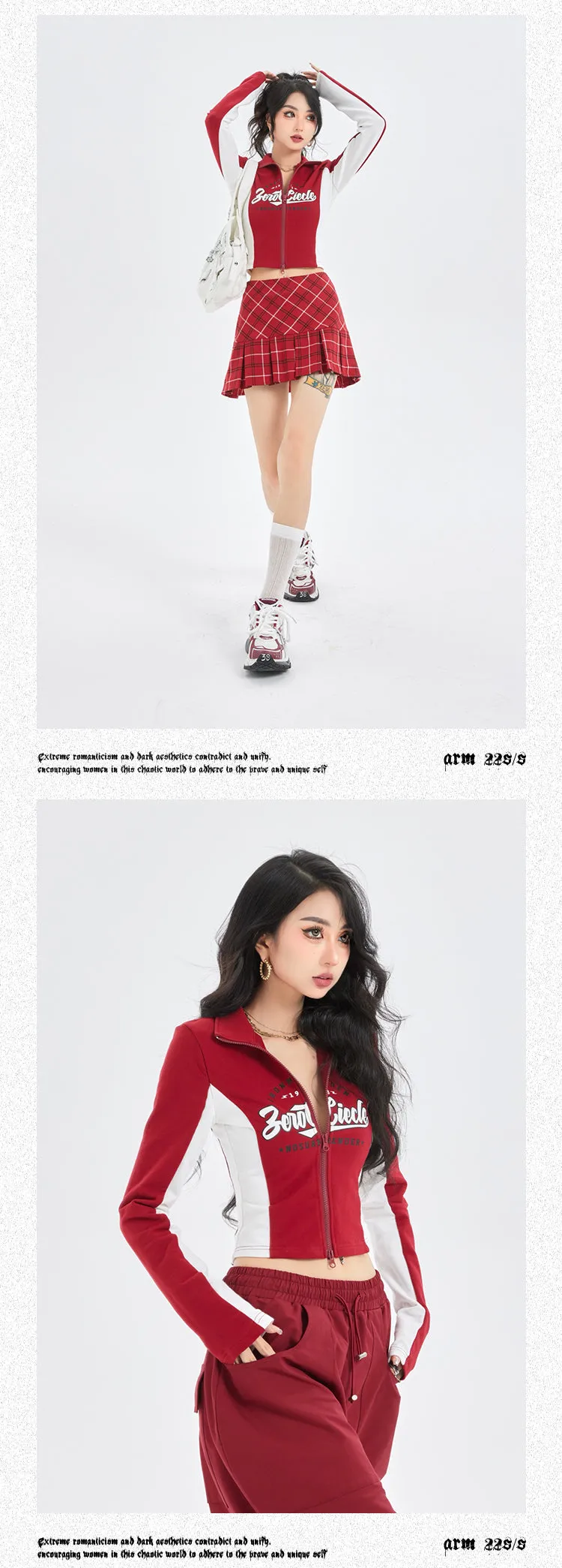 Zerocircle Red Patchwork Zip Up Turtleneck Long Sleeve Top