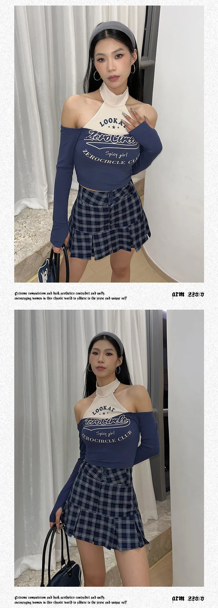 Zerocircle Shoulder Cut Out Turtleneck Long Sleeve Patchwork Top