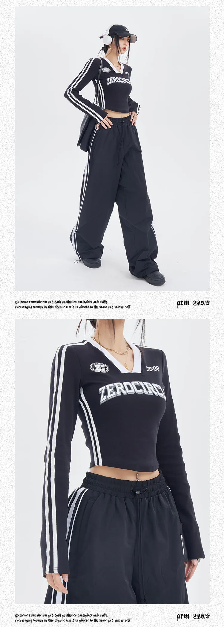 ZEROCIRCLE Two Stripes Long Sleeve Black Top