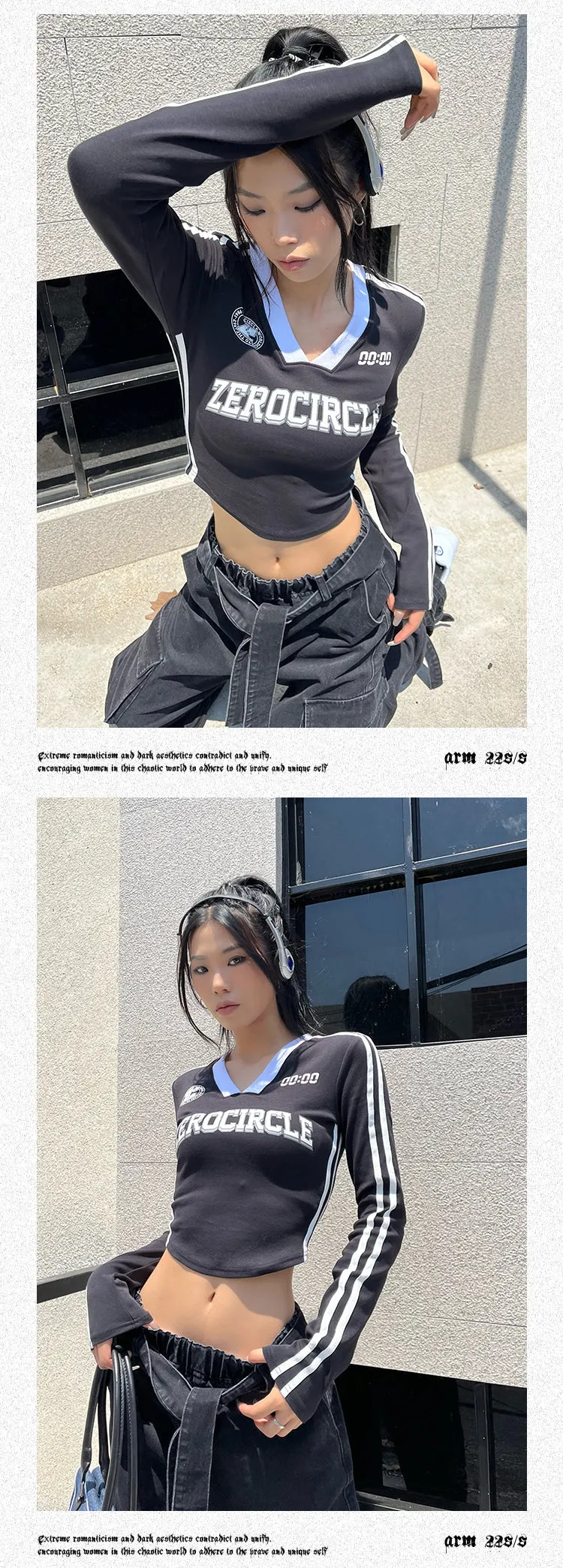 ZEROCIRCLE Two Stripes Long Sleeve Black Top