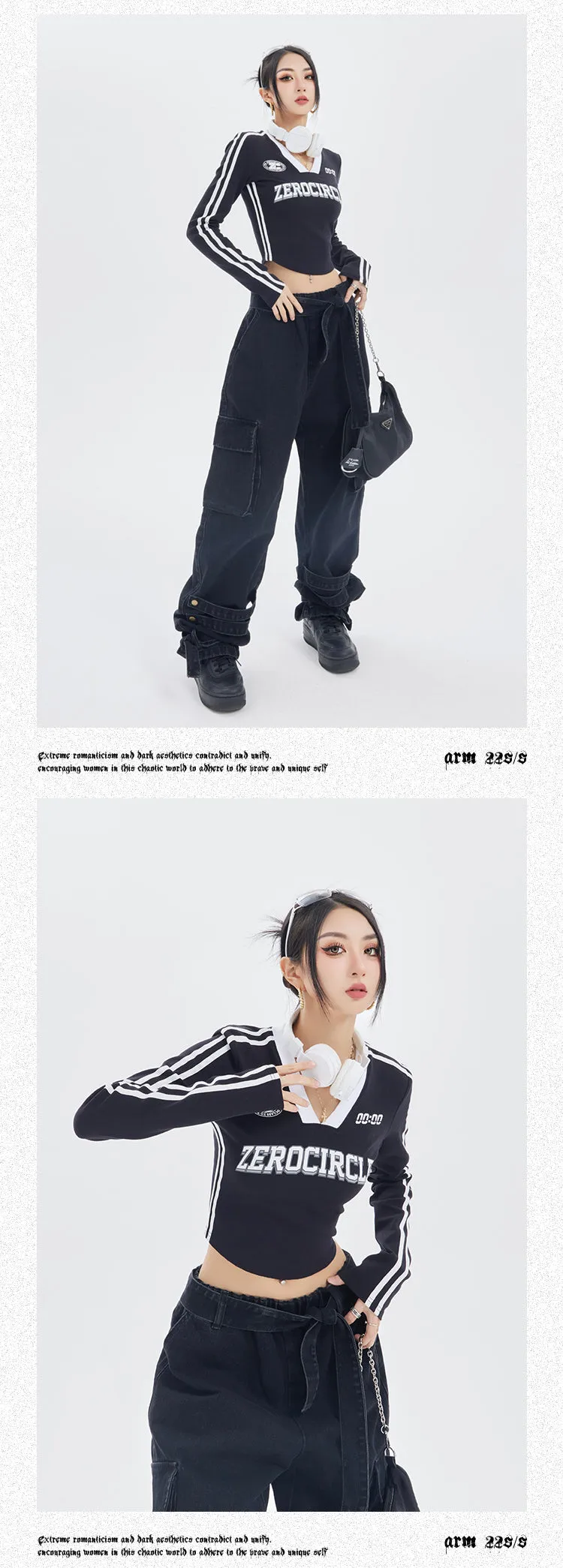 ZEROCIRCLE Two Stripes Long Sleeve Black Top