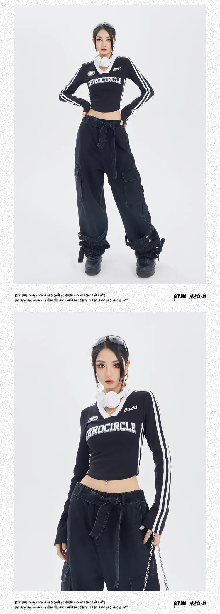 ZEROCIRCLE Two Stripes Long Sleeve Black Top