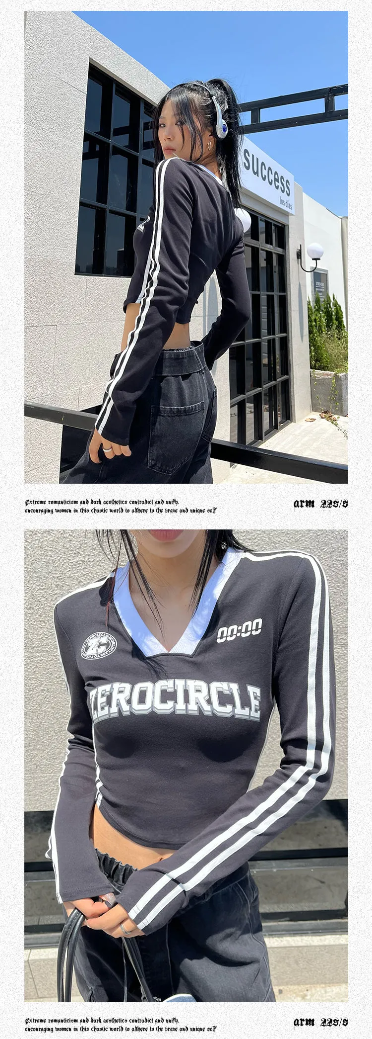 ZEROCIRCLE Two Stripes Long Sleeve Black Top