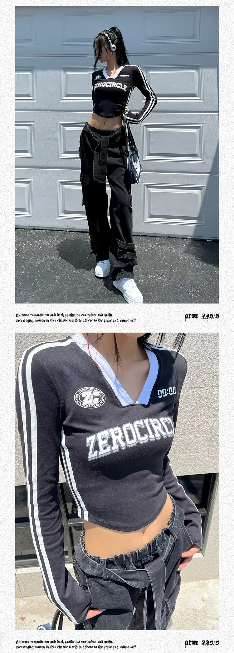 ZEROCIRCLE Two Stripes Long Sleeve Black Top
